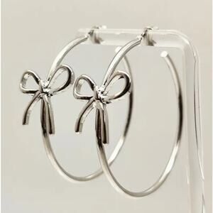 NEW - Silver Bow Hoop Earrings, Coquette Bow Earrings, Large Hoop, Trendy Y2K